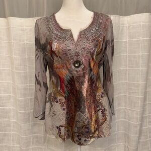 B.L.E.U. Petite PM Brown Peacock Graphic Embellished Beaded Long Sleeve Top USA